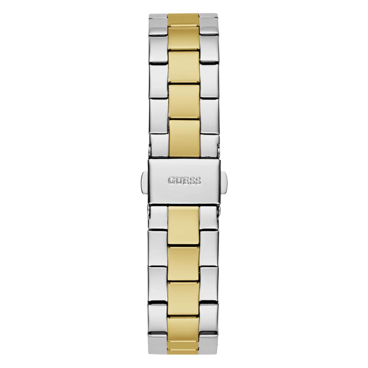 Two-tone silver and gold watch band on a white background