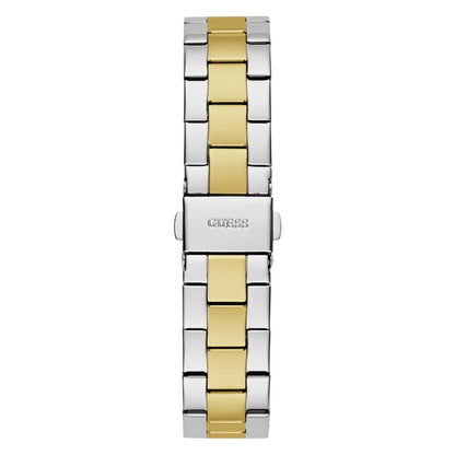 Two-tone silver and gold watch band on a white background