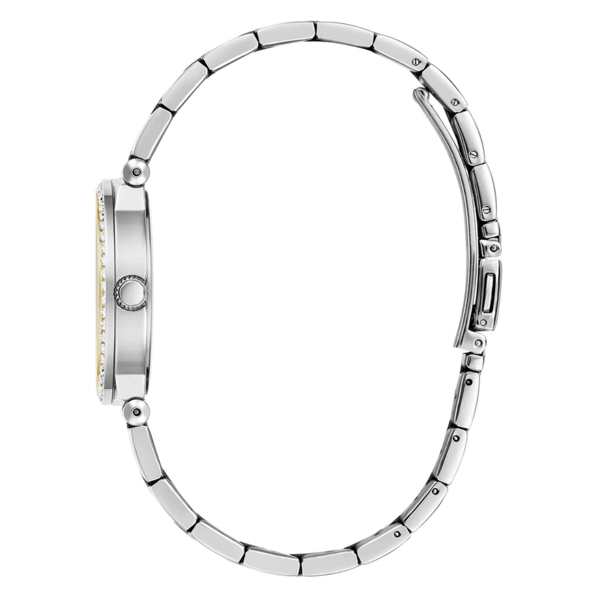 Close-up of a silver watch band on a white background