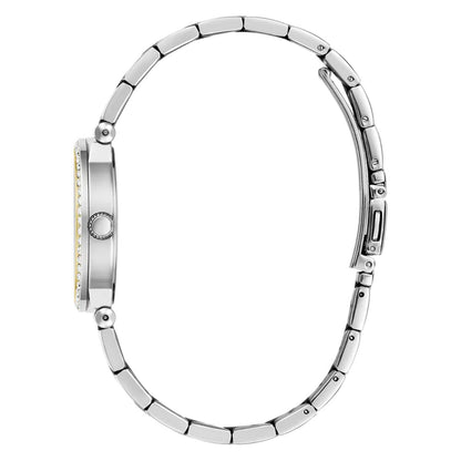 Close-up of a silver watch band on a white background