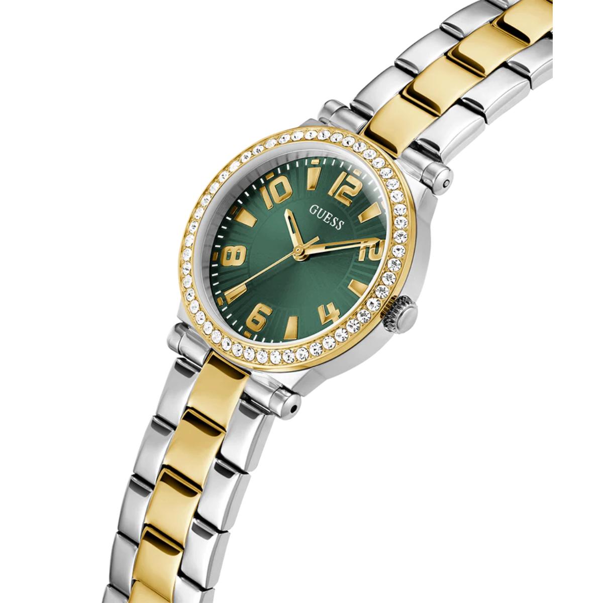 Two-tone gold and silver watch with a green dial on a white background