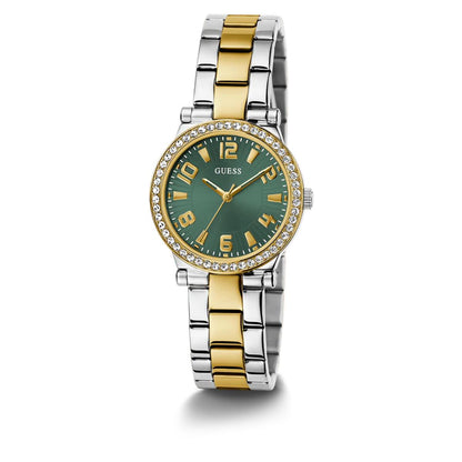 Two-tone watch with green dial and gold accents on a white background