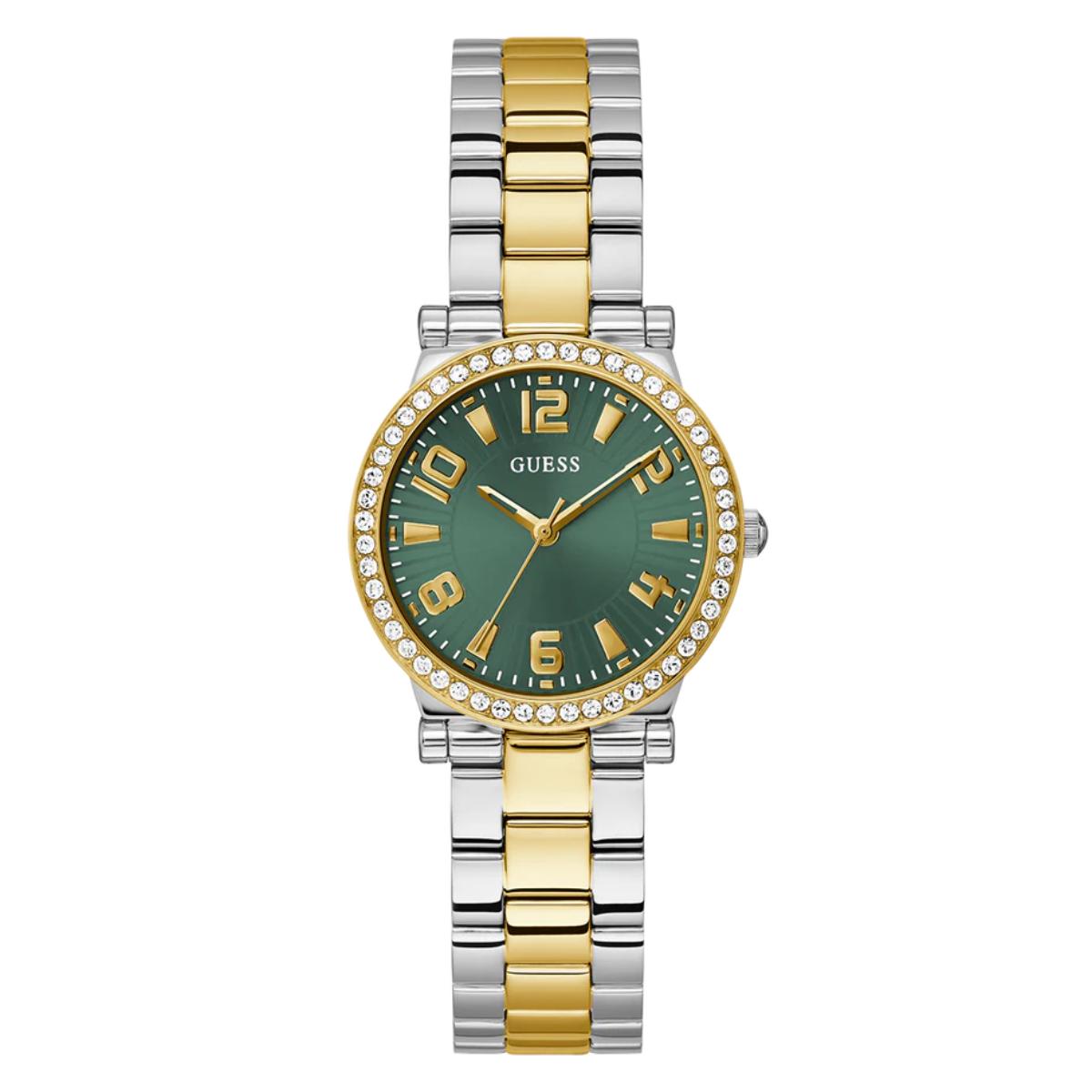 Two-tone watch with green face and gold accents on a white background
