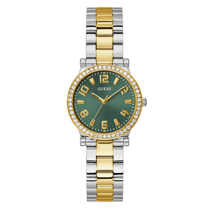 Two-tone watch with green face and gold accents on a white background