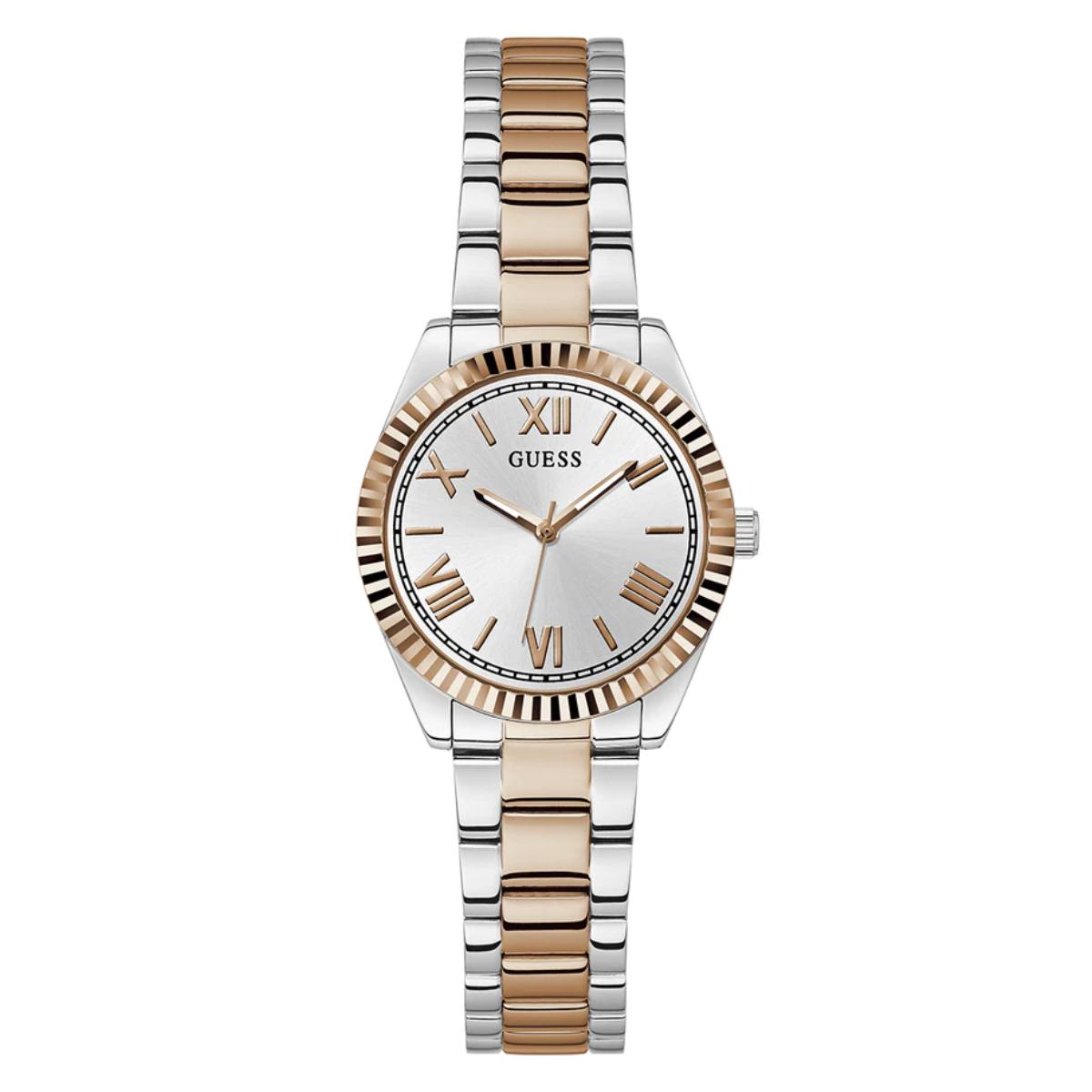 Two-tone watch with silver and rose gold band on a white background