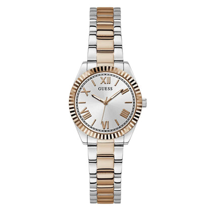 Two-tone watch with silver and rose gold band on a white background