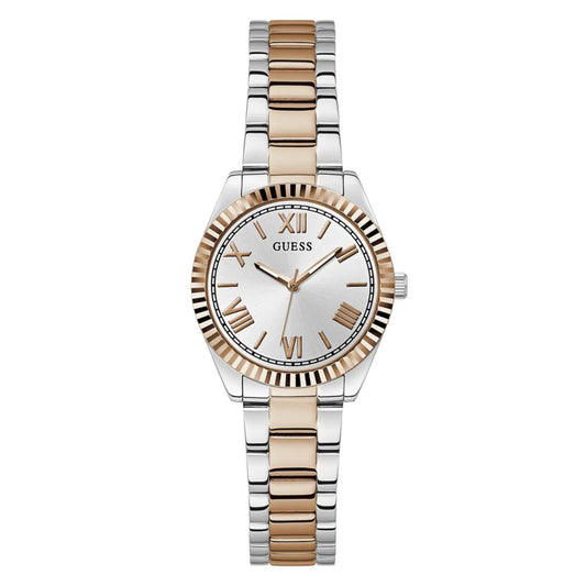 Two-tone watch with silver and rose gold band on a white background