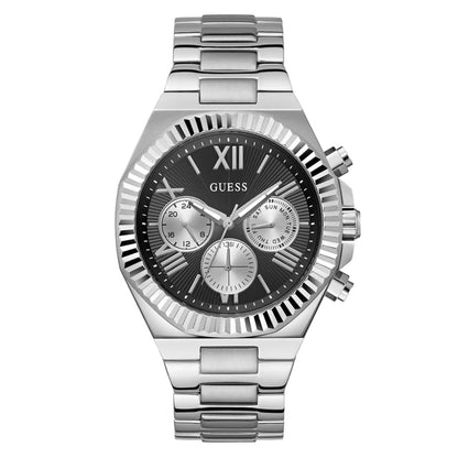 Silver watch with black dial on a white background