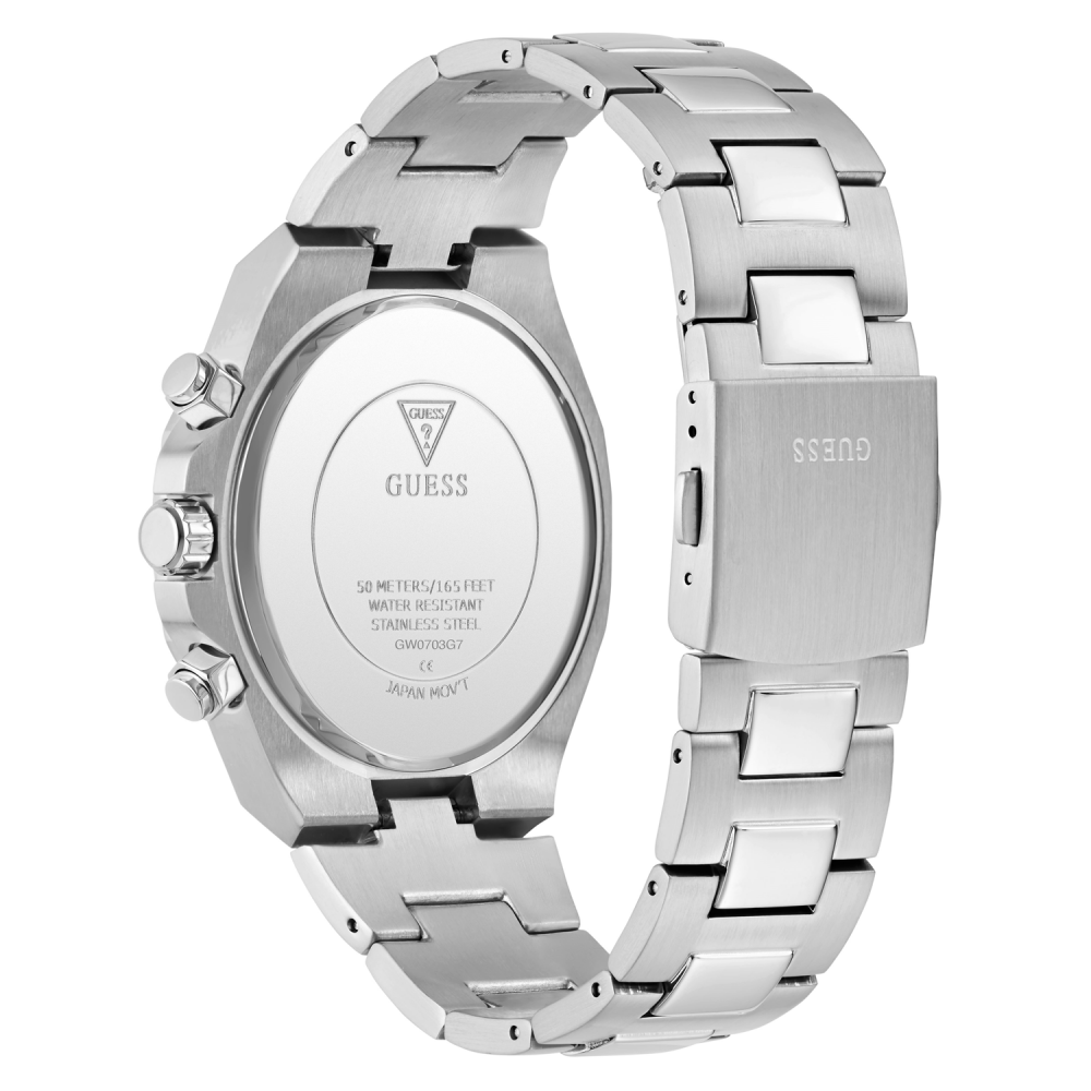 Silver Guess watch with metal band on a white background