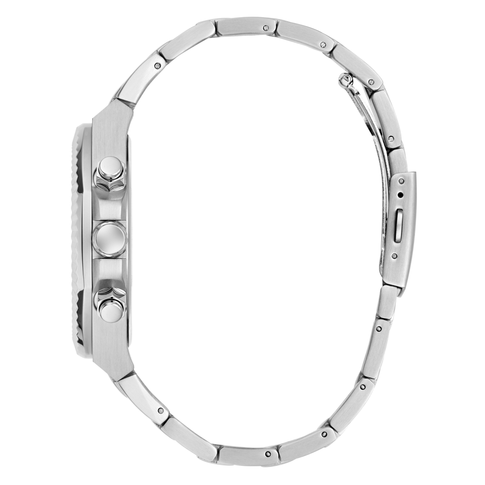 Close-up of a silver watch case on a white background