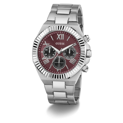 Silver watch with a red face on a white background