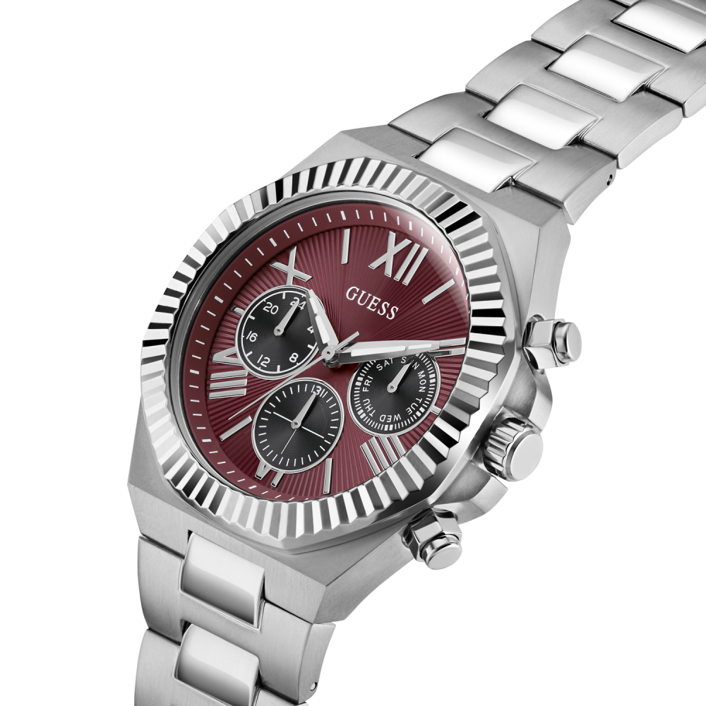 Silver watch with a red face and 'Guess' branding on a white background
