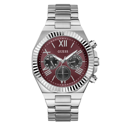 Silver watch with a red face on a white background