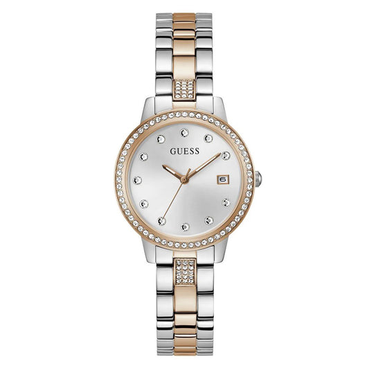 Guess watch with two-tone metal strap on a white background