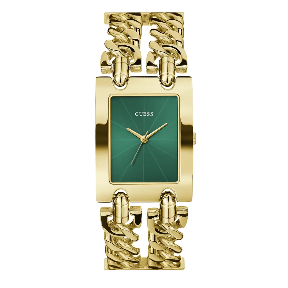 Gold watch with a green face on a white background