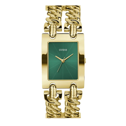 Gold watch with a green face on a white background