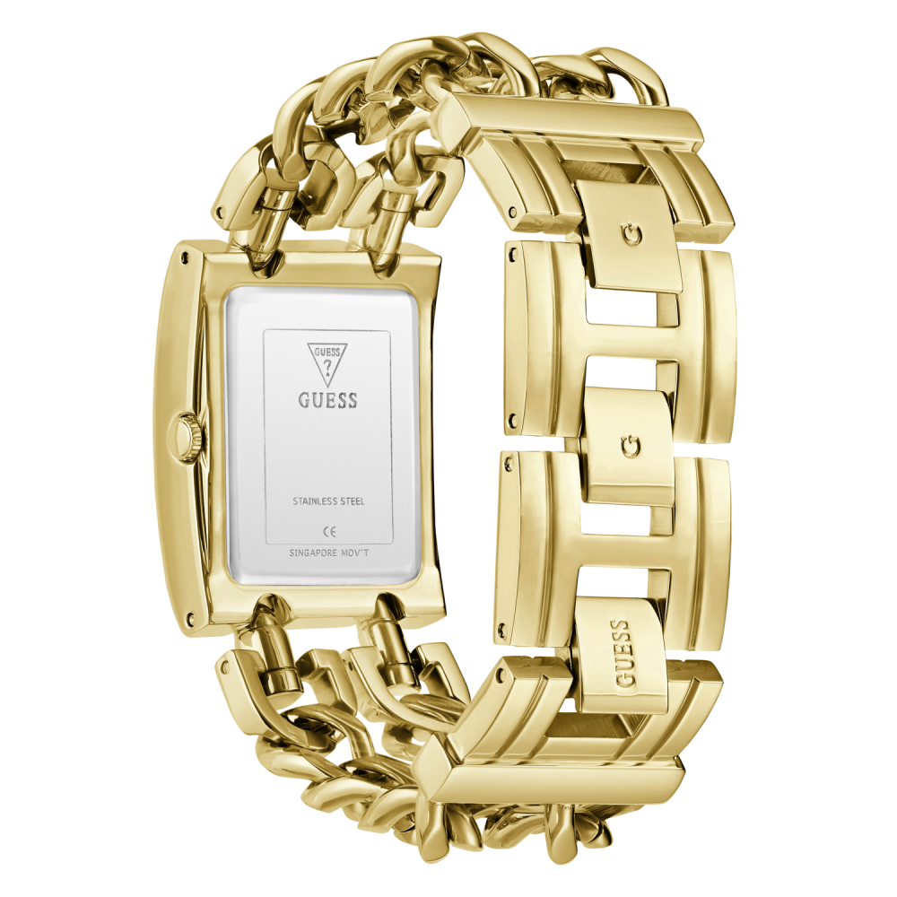 Gold chain-link watch with Guess logo on a white background