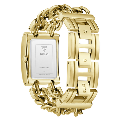Gold chain-link watch with Guess logo on a white background