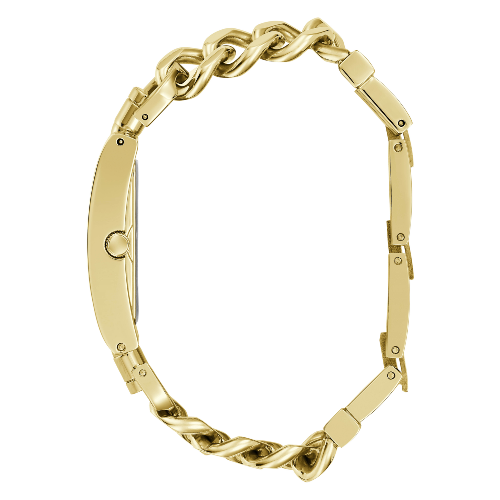 Gold bracelet with a braided design on a white background