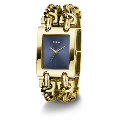 Gold chain-link watch with blue face on a white background