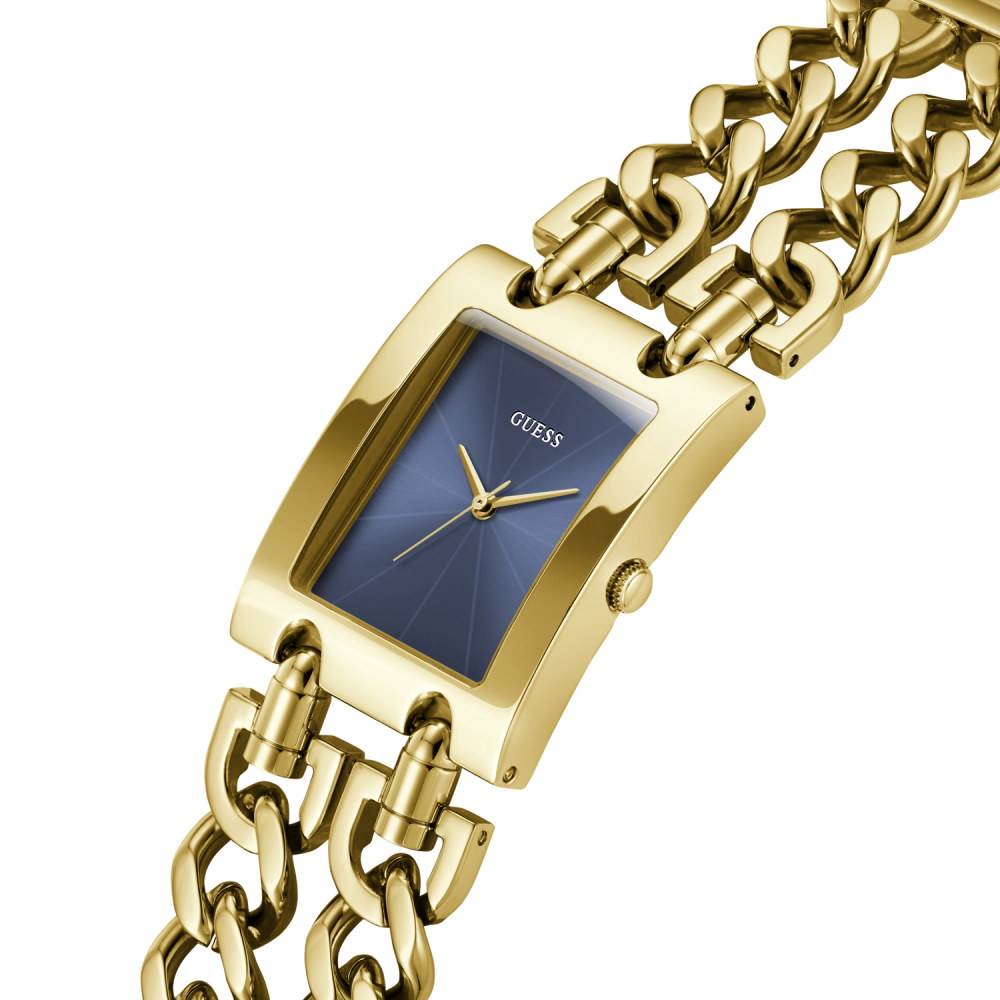 Gold chain watch with a blue face on a white background