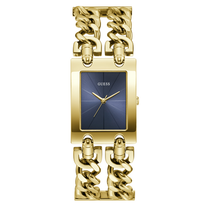 Gold chain-link watch with a blue face on a white background