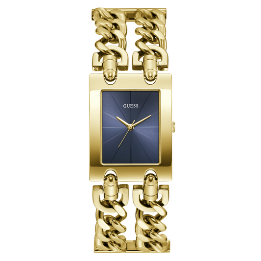 Gold chain-link watch with a blue face on a white background