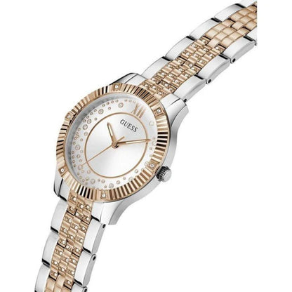 Two-tone watch with rose gold and silver band on a white background