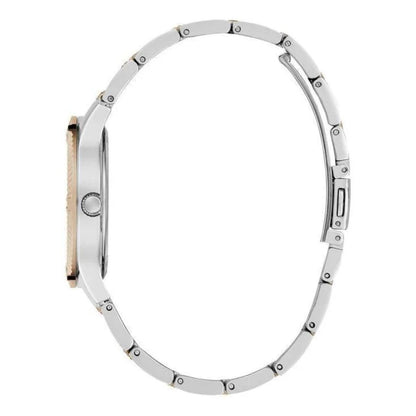 Silver watch band on a white background