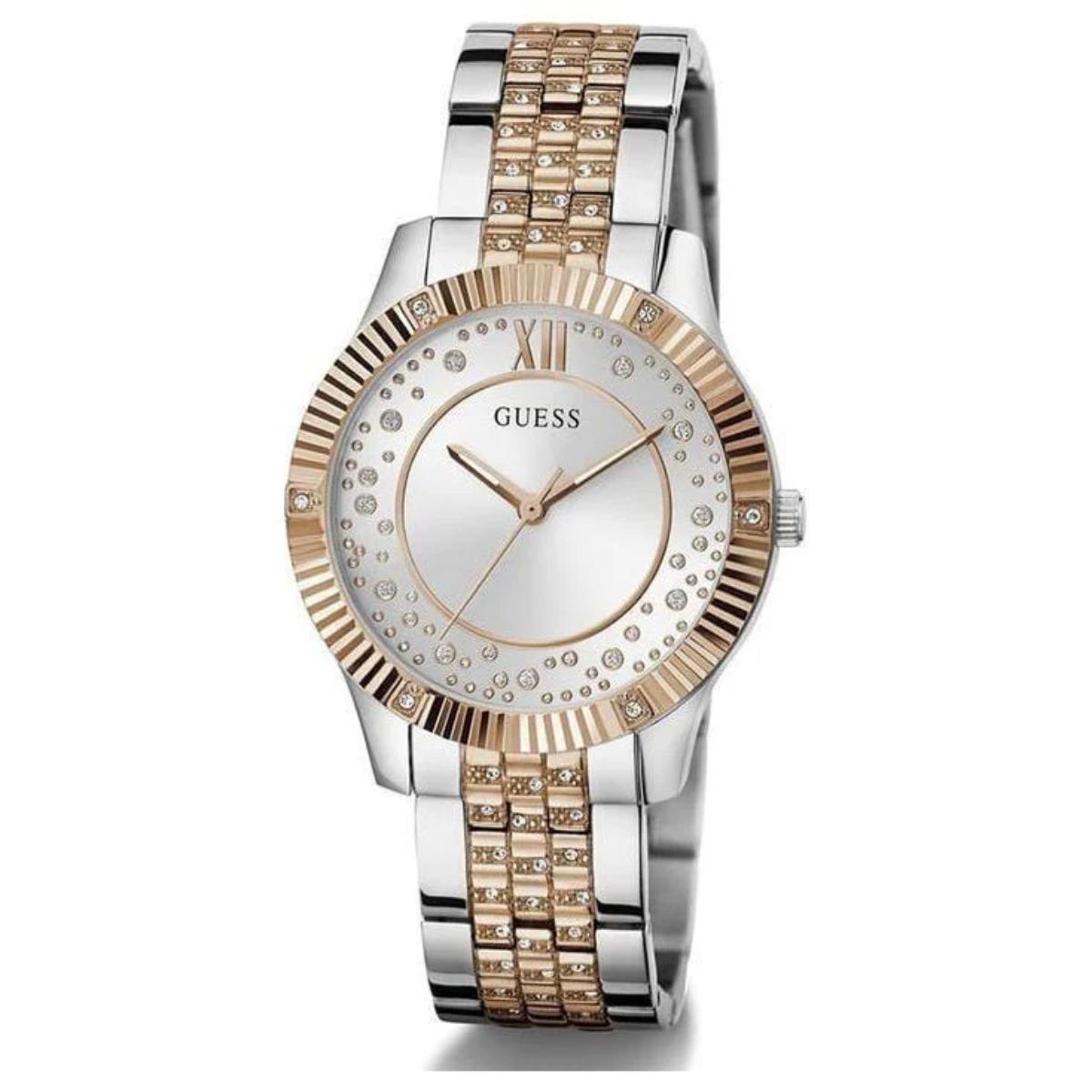 Silver and rose gold watch with diamond accents on a white background