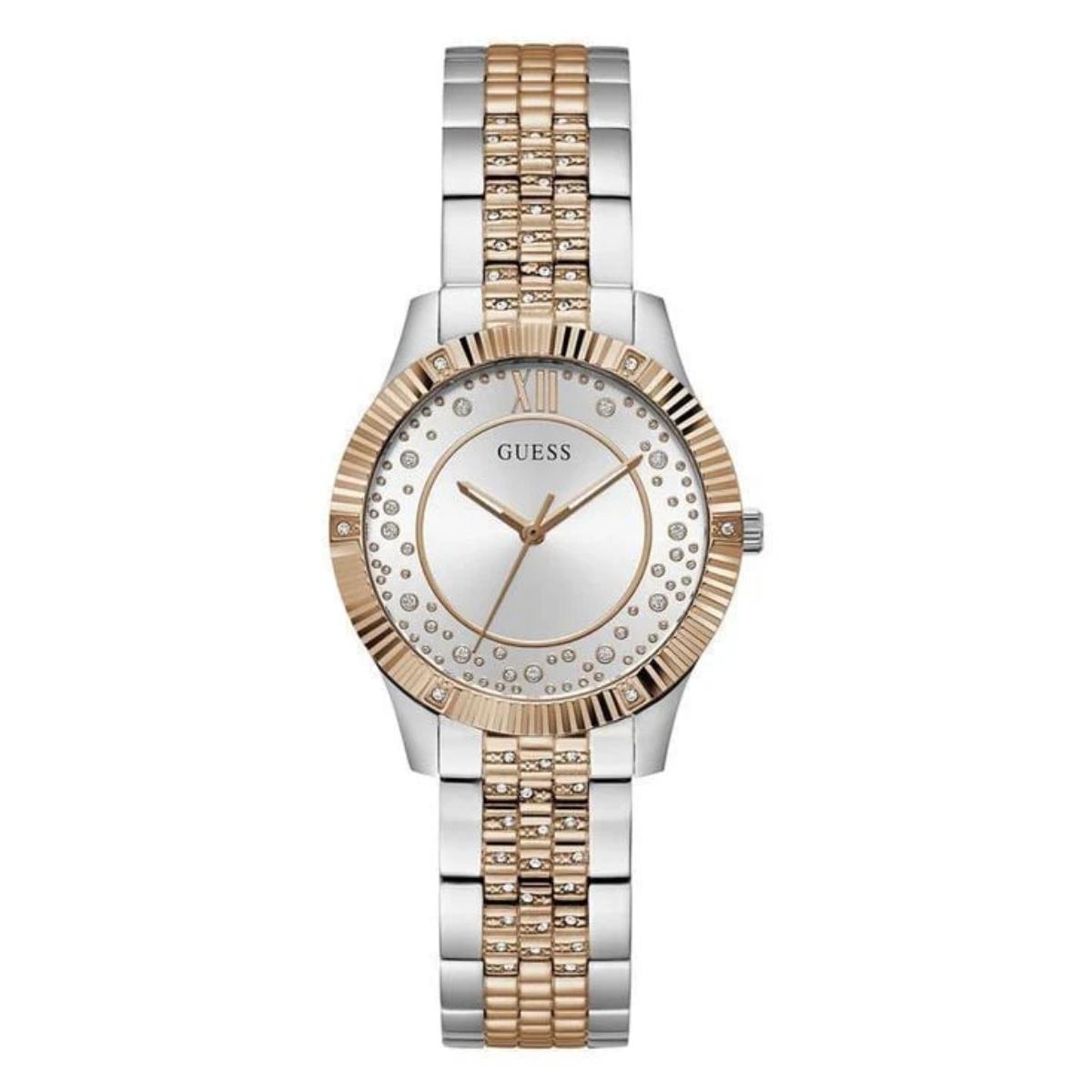 Two-tone watch with rose gold and silver band on a white background
