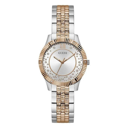 Two-tone watch with rose gold and silver band on a white background