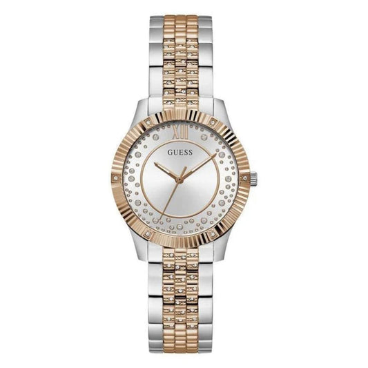 Two-tone watch with rose gold and silver band on a white background