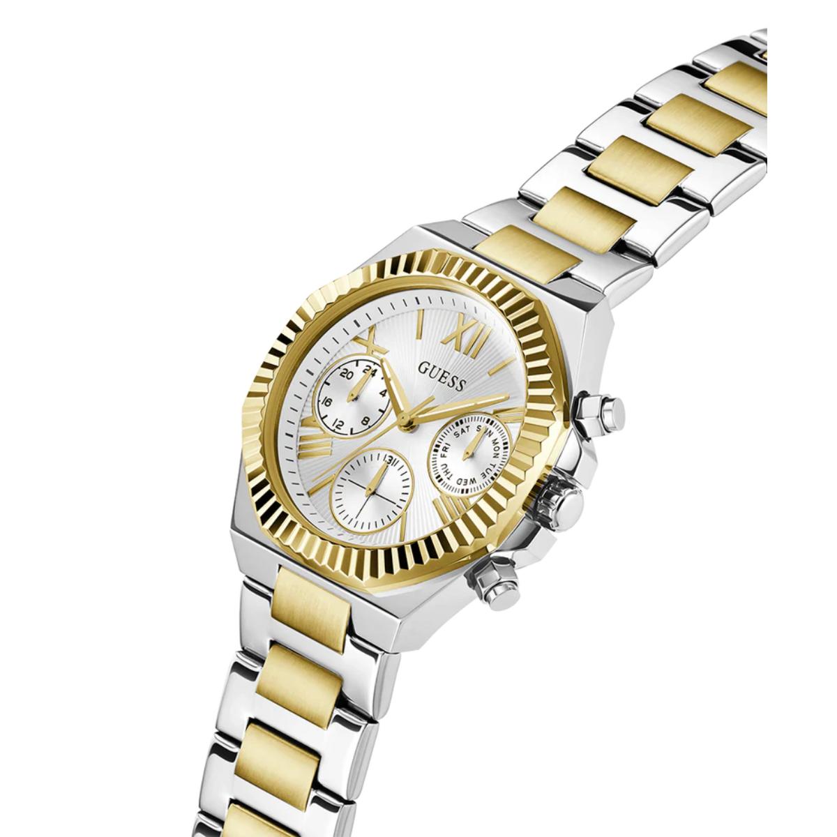 Two-tone silver and gold watch with a white face on a white background