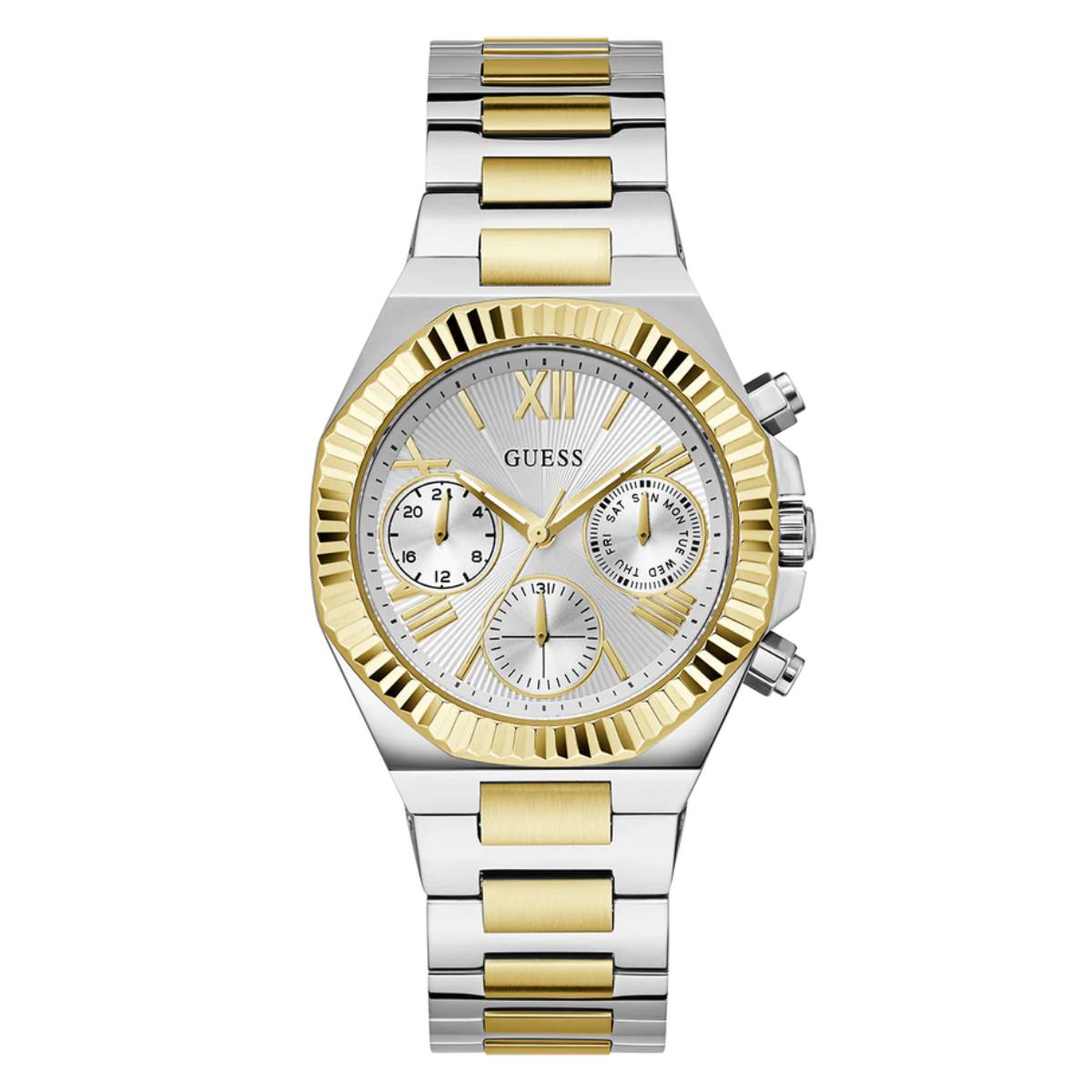 Two-tone silver and gold watch with a white face on a white background