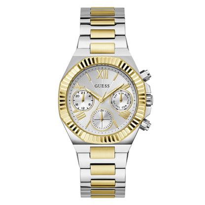 Two-tone silver and gold watch with a white face on a white background