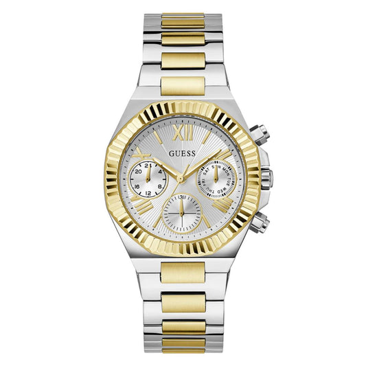 Two-tone silver and gold watch with a white face on a white background