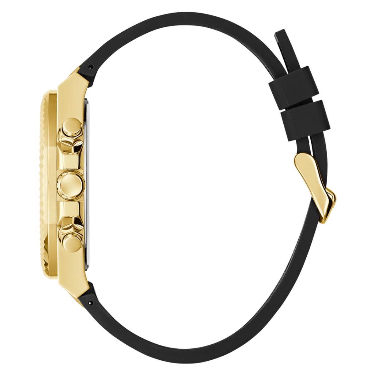 Gold watch with black strap on a white background