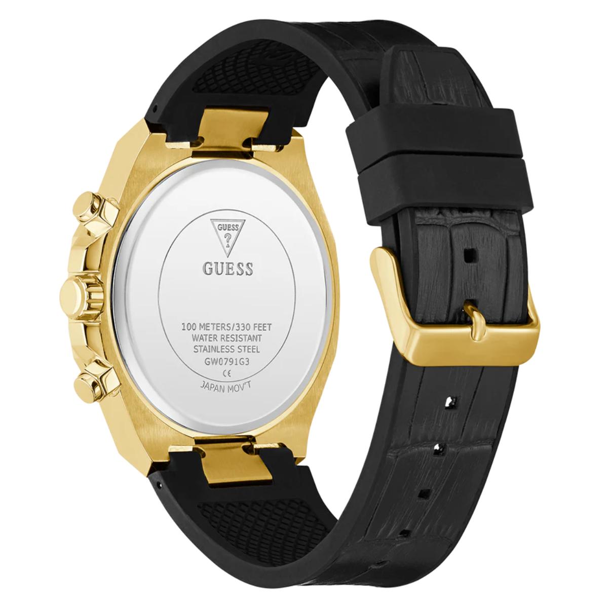 Gold and black watch with visible Guess branding on a white background
