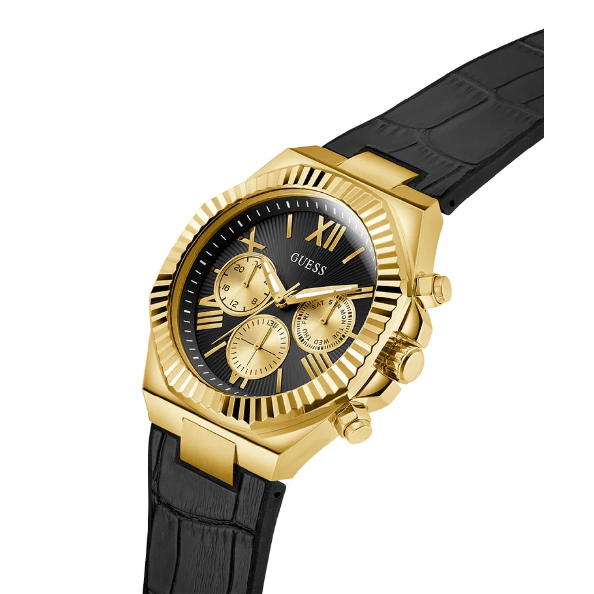 Gold and black watch with a detailed face on a white background
