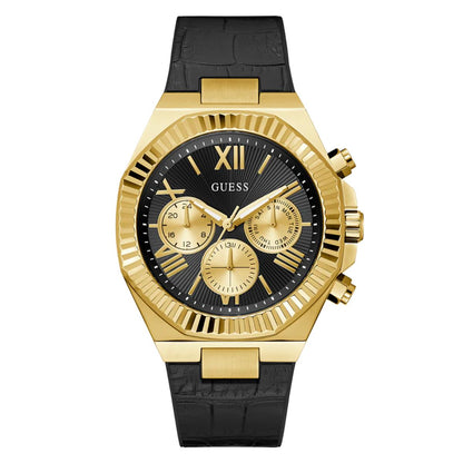 Gold watch with black strap and detailed face on a white background