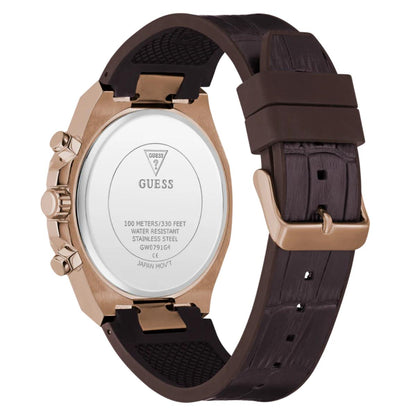 Guess watch with brown strap and rose gold case on white background