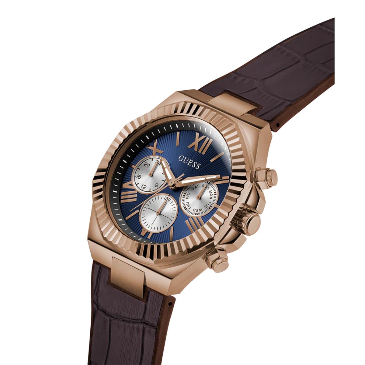 Watch with brown strap and rose gold case on white background