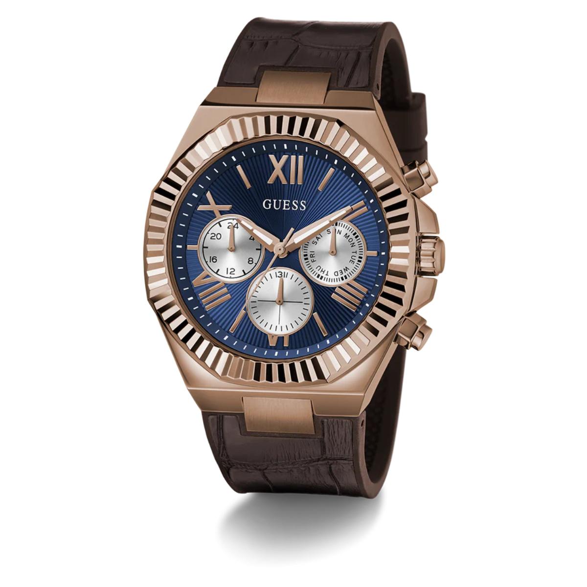 Guess watch with brown strap and blue dial on a white background