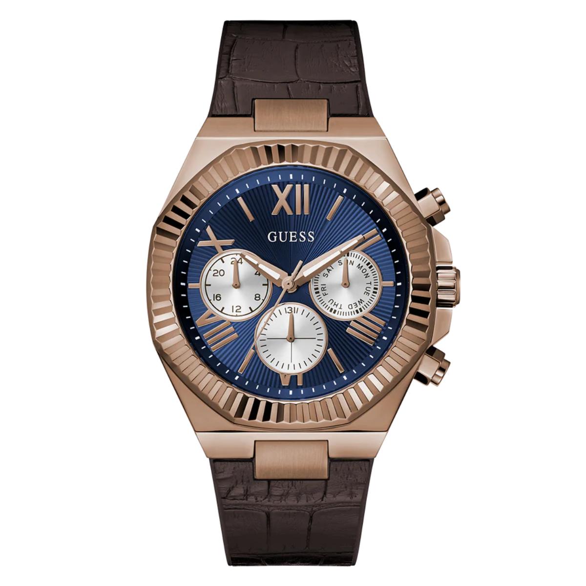 Guess watch with brown strap and blue dial on a white background