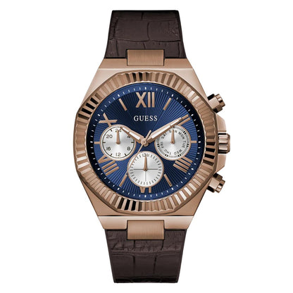Guess watch with brown strap and blue dial on a white background