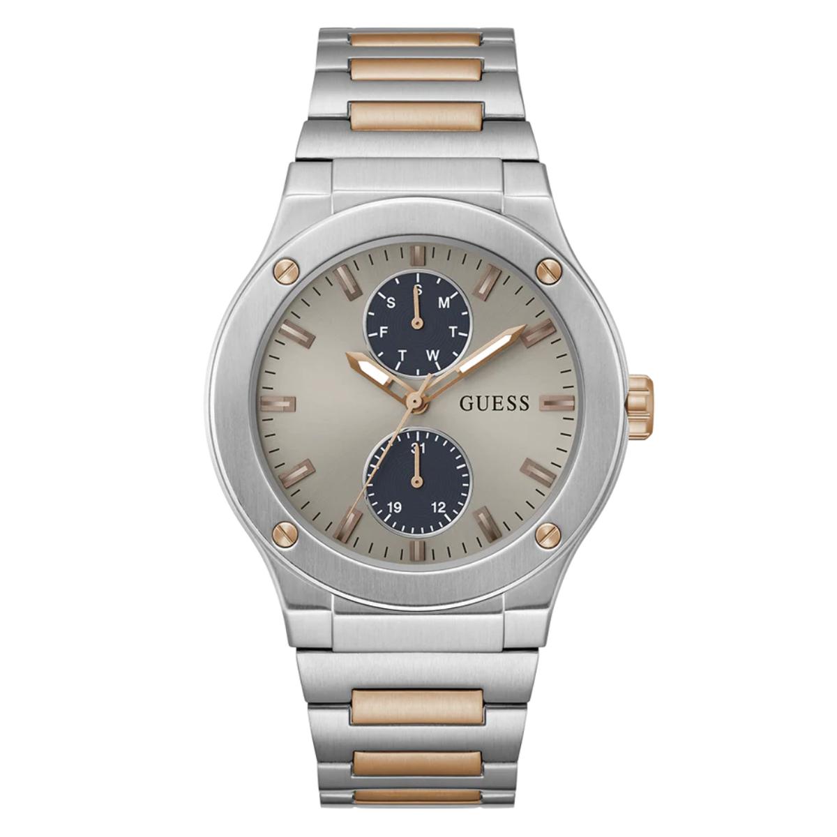 Silver and rose gold watch with a white background