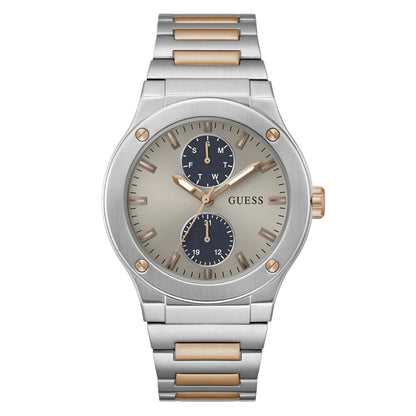 Silver and rose gold watch with a white background
