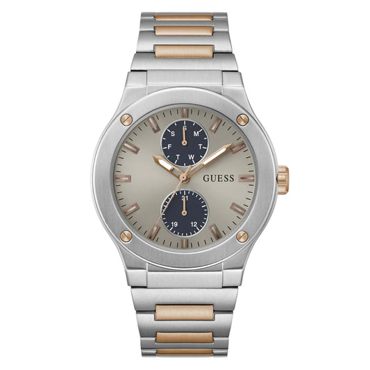 Silver and rose gold watch with a white background