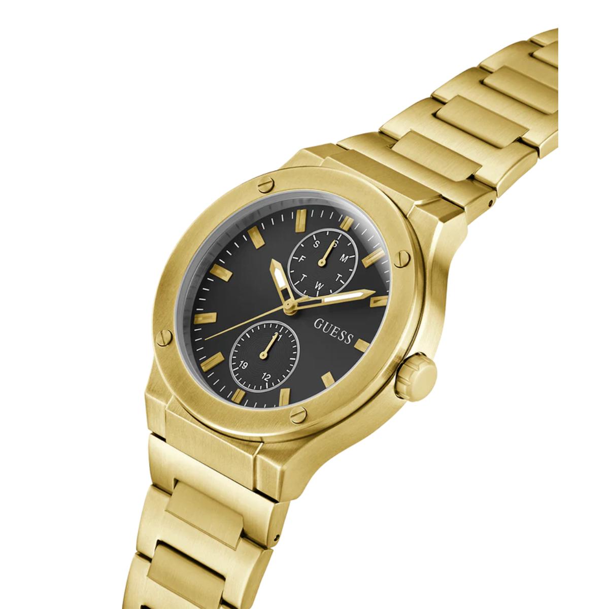 Gold watch with a black dial on a white background